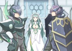  2boys aqua_hair armor blue_eyes blue_hair breasts chlorseraph cleavage clinoseraph dress female flora_spodune green_eyes hair_ornament hair_over_one_eye long_hair multiple_boys navel purple_hair short_hair smile tales_of_(series) tales_of_hearts veil wide_sleeves 