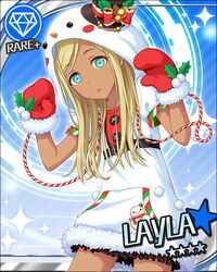  blonde_hair blue_eyes character_name christmas dark-skinned_female dark_skin dress female hood hoodie idolmaster idolmaster_cinderella_girls jpeg_artifacts layla_(idolmaster) long_hair mittens official_art puffy_short_sleeves puffy_sleeves short_sleeves snowman snowman_costume solo white_dress 