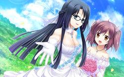  33paradox black_hair braids brown_hair clouds flowers glasses gloves green_eyes long_hair necklace original ribbons short_hair sky twintails wedding_attire yellow_eyes 