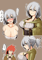  2girls absurdres alternate_breast_size alternate_hairstyle bandaged_hand bandages bare_shoulders blush breast_envy breasts chains collarbone cuffs duel_monster grey_eyes grey_hair hair_between_eyes highres hiita_(yu-gi-oh!) hiita_the_fire_charmer hood hood_down hooded_robe large_breasts long_hair long_sleeves lyna_(yu-gi-oh!) lyna_the_light_charmer multiple_girls multiple_views open_clothes open_mouth open_robe orange_hair ponytail robe short_hair short_ponytail smug tkool_man translated yu-gi-oh! 