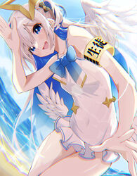  absurdres adapted_costume amane_kanata amane_kanata_(1st_costume) angel_wings armband beach blue_bow blue_eyes blue_hair blurry blush bow chromatic_aberration colored_inner_hair covered_navel day eat_some_cookie feathered_wings female fisheye frilled_one-piece_swimsuit frills grey_hair hair_between_eyes hairbow halo highres hololive leaning_forward long_hair looking_at_viewer mini_wings multicolored_eyes multicolored_hair multiple_wings ocean official_alternate_hair_length official_alternate_hairstyle one-piece_swimsuit open_mouth outdoors pink_eyes self_borrowed_hairstyle single_hair_intake sky smile solo star_halo summer swimsuit very_long_hair virtual_youtuber water white_one-piece_swimsuit white_wings wings 