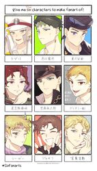  6+boys :d battle_tendency blonde_hair blue_eyes caesar_anthonio_zeppeli chains character_name closed_eyes closed_mouth diamond_wa_kudakenai dio_brando double_v emmet_(pokemon) fingerless_gloves gakuran gloves green_eyes grey_eyes hat higashikata_josuke highres jojo_no_kimyou_na_bouken joseph_joestar joseph_joestar_(young) kakyoin_noriaki kira_yoshikage kishibe_rohan kono_dio_da_(meme) kujo_jotaro looking_at_viewer male_focus meme multiple_boys multiple_drawing_challenge ningzzz one_eye_closed open_mouth peaked_cap phantom_blood pokemon pokemon_bw pompadour purple_eyes red_eyes red_hair scar scar_across_eye scar_on_face school_uniform severed_hand six_fanarts_challenge smile stardust_crusaders translated v 