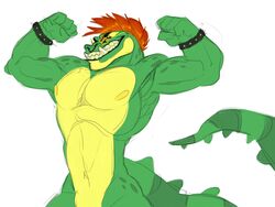  4:3 alligator alligatorid anthro biceps cocky_smile crocodilian eyewear facial_piercing five_nights_at_freddy&#039;s five_nights_at_freddy&#039;s:_security_breach flexing glasses green_body hair hi_res male mohawk monnsty montgomery_gator muscular nose_piercing nose_ring piercing reptile ring_piercing scalie scottgames solo spots steel_wool_studios teeth 