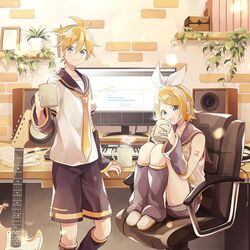  1boy arm_warmers bare_shoulders bass_clef black_sailor_collar black_shorts black_sleeves blonde_hair blue_eyes book bookshelf bow brick_wall cable chair commentary computer crop_top cup desktop detached_sleeves electric_guitar female guitar hair_ornament hairbow hairclip headphones holding holding_cup indoors instrument kagamine_len kagamine_rin keyboard_(instrument) knees_up leg_warmers looking_at_viewer monitor mug nail_polish neckerchief necktie office_chair open_mouth pectorals pencil picture_frame plant potted_plant sailor_collar school_uniform sheet_music shelf shirt short_hair short_ponytail short_shorts short_sleeves shorts sitting sleeveless sleeveless_shirt smile speaker spiked_hair steam suzumi_(fallxalice) swept_bangs swivel_chair vocaloid white_bow white_shirt yellow_nails yellow_neckerchief yellow_necktie 