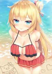  :p akai_haato akai_haato_(hololive_summer_2019) bare_shoulders beach bikini blonde_hair blue_eyes blush breasts day female frilled_bikini frills groin hair_ornament hair_ribbon heart heart_hair_ornament highres hololive large_breasts long_hair looking_at_viewer md5_mismatch official_alternate_costume one_side_up outdoors red_bikini red_ribbon ribbon smile solo swimsuit thighs tomifumi tongue tongue_out very_long_hair virtual_youtuber wet 