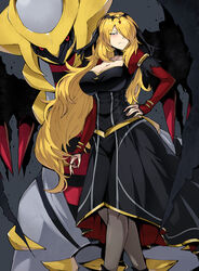  black_dress blonde_hair breasts closed_mouth commentary_request cynthia_(pokemon) cynthia_(sygna_suit)_(renegade)_(pokemon) dress female giratina gold_trim grey_eyes hair_over_one_eye hand_up highres holding holding_poke_ball jewelry large_breasts long_hair long_sleeves looking_at_viewer neck_ring official_alternate_costume open_hand poke_ball pokemon pokemon_(creature) pokemon_masters_ex shimure_(460) tiara ultra_ball veil very_long_hair 