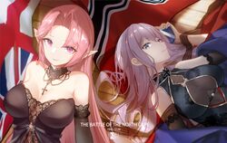  2girls absurdres azur_lane bare_shoulders black_dress blue_eyes breasts brown_dress china_dress chinese_clothes cleavage cocktail_dress cocktail_glass cup detached_collar detached_sleeves dress drinking_glass duke_of_york_(azur_lane) duke_of_york_(eternal_night&#039;s_carola)_(azur_lane) evening_gown from_above gold_trim highres kriegsmarine lace-trimmed_collar lace-trimmed_dress lace-trimmed_sleeves lace_trim large_breasts long_hair looking_at_viewer looking_up lying multiple_girls official_alternate_costume on_back pink_hair pointy_ears purple_eyes rein_yukimatsu royal_navy scharnhorst_(azur_lane) scharnhorst_(panther_und_pflaume)_(azur_lane) see-through strapless strapless_dress taut_clothes taut_dress union_jack very_long_hair wooden_floor 