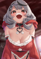  +_+ :d blurry blurry_background breasts christmas cleavage collar dress fake_facial_hair fake_mustache female from_below grey_hair highres hololive kijibato_123-gou long_hair looking_at_viewer oerba_yun_fang red_eyes sakamata_chloe sakamata_chloe_(1st_costume) santa_dress smile solo virtual_youtuber 