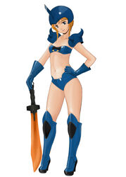  armor bikini bikini_armor blonde_hair blue_bikini blue_eyes blue_footwear blue_gloves boots breasts collarbone cosplay elpeo_puru female full_body gloves gouf_lady gouf_lady_(cosplay) gundam gundam_zz hand_on_own_hip helmet high_heel_boots high_heels highres holding holding_sword holding_weapon knee_boots komii looking_at_viewer navel open_mouth pauldrons short_hair shoulder_armor simple_background small_breasts solo standing stomach strapless strapless_bikini swimsuit sword weapon white_background 