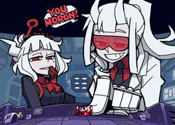  1boy 2girls ascot black_necktie blunt_bangs commentary_request demon_girl ebizome english_text gloves goggles grin hair_bun helltaker highres horns lab_coat long_hair loremaster_(helltaker) lucifer_(helltaker) mole mole_under_eye multiple_girls necktie parody ponytail red-tinted_eyewear red_ascot red_eyes red_shirt shirt sidelocks single_hair_bun smile speech_bubble style_parody subject_67_(helltaker) tinted_eyewear vanripper_(style) 