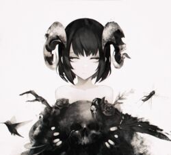  absurdres bare_shoulders bird black_flower black_hair black_rose blank_eyes bone bug centipede demon_girl female flower frown gyup highres holding holding_skull horns horror_(theme) hummingbird locust monochrome muted_color original revision rose short_hair simple_background skull solo vulture white_background 