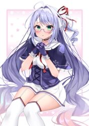  absurdres ahoge azur_lane blush capelet choker commission cross cross_choker cross_earrings dress drill_hair earrings female frilled_capelet frills garter_straps glasses gloves green_eyes hair_intakes hair_ribbon highres jewelry l&#039;opiniatre_(azur_lane) long_hair looking_at_viewer own_hands_clasped own_hands_together parted_lips pixiv_commission purple_gloves purple_hair ribbon semi-rimless_eyewear short_dress sino_rameko sitting solo thighhighs thighs twin_drills twintails white_thighhighs 