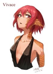  animal_ears bare_shoulders black_dress breasts cropped_legs dated dress female highres hitokuirou looking_at_viewer monster_girl original parted_lips plunging_neckline red_eyes red_hair scales short_hair signature simple_background slit_pupils small_breasts solo solo_vivace_(hitokuirou) upper_body white_background 