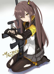  armband black_footwear black_gloves black_jacket black_pantyhose boots brown_eyes brown_hair bullet closed_mouth female fingerless_gloves girls&#039;_frontline gloves grey_skirt gun h&amp;k_ump highres holding holding_gun holding_weapon jacket koenza_botoke long_hair looking_at_viewer one_side_up open_clothes open_jacket pantyhose scar scar_across_eye seiza shirt sitting skirt solo submachine_gun torn_clothes torn_jacket torn_pantyhose ump45_(girls&#039;_frontline) weapon white_background white_shirt yellow_armband 