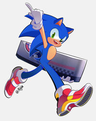  2020 absurd_res anthro biped blue_body blue_fur clothing eulipotyphlan footwear fur gloves green_eyes guardian_units_of_nations handwear hedgehog hi_res holding_object male mammal miijiu open_mouth open_smile sega shoes signature simple_background smile soap_shoes solo sonic_adventure sonic_the_hedgehog sonic_the_hedgehog_(series) walking white_background 