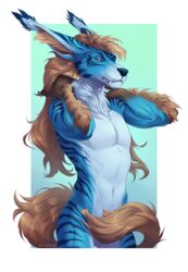  anthro athletic athletic_anthro athletic_male black_nose blonde_hair blue_body blue_fur blue_stripes canid canine canis convenient_censorship countershade_torso countershading detailed detailed_fur fangs frown fur green_eyes hair hybrid inner_ear_fluff long_hair looking_at_viewer lurelin male mammal narrowed_eyes navel neck_tuft nude scowl solo striped_body striped_fur stripes tail tail_censorship teeth tuft white_body white_fur wolf 