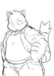  2014 anthro belly bottomwear chiro_(artist) clothing felid feline kemono male mammal monochrome overweight overweight_anthro overweight_male pants shirt simple_background solo topwear white_background 