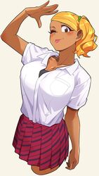  ;) ;p arm_at_side arm_up blonde_hair blush breast_pocket breasts cleavage closed_mouth collarbone collared_shirt cropped_legs dark-skinned_female dark_skin female gyaru high-waist_skirt highres itan_private_high_school_uniform komi-san_wa_komyushou_desu large_breasts lecca_aisu looking_at_viewer manbagi_rumiko one_eye_closed pleated_skirt pocket red_skirt school_uniform shirt short_hair skirt smile solo tongue tongue_out white_shirt wing_collar 