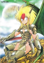  1990s_(style) armor armored_boots blonde_hair boots capricorn_(ova) copyright_name dragon_girl dragon_horns dragon_tail dragon_wings earrings female gauntlets horns jewelry long_hair manabe_jouji mona_(capricorn) multicolored_hair non-web_source official_art pauldrons red_hair retro_artstyle shoulder_armor sitting solo tail two-tone_hair wings 