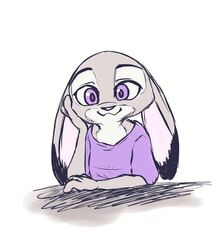  2018 arm_in_front arm_support arms_bent clothed clothing digital_media_(artwork) dipstick_ears disney ear_markings ears_down fur grey_body grey_fur hand_on_head hand_on_own_head head_on_hand holding_head judy_hopps lagomorph leaning_on_elbow leporid looking_at_viewer mammal marema_kishin mouth_closed multicolored_ears owo pivoted_ears purple_eyes rabbit raised_hand shirt simple_background smile solo t-shirt topwear white_background zootopia 