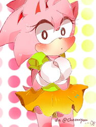  amy_rose animal_nose artist_name black_eyes blush body_fur bright_pupils commentary cowboy_shot deviantart_username embarrassed english_commentary eyeliner eyes_visible_through_hair female furry furry_female gloves green_shirt hair_between_eyes hairband hedgehog_ears hedgehog_tail highres looking_at_viewer makeup miniskirt nervous orange_skirt own_hands_together pink_fur pink_hair polka_dot polka_dot_background puffy_short_sleeves puffy_sleeves red_hairband shirt short_hair short_sleeves signature skirt solo sonic_(series) sonic_cd sonic_the_hedgehog_(classic) standing sweat tail white_gloves white_pupils yellow_background yioyio 