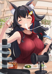  animal_ear_fluff animal_ears binaural_microphone black_hair breasts chopsticks closed_eyes eating feline female food hair_ornament highres hololive indoors kaigan large_breasts long_hair microphone multicolored_hair noodles ookami_mio red_hair red_sweater ribbed_sweater sleeveless sleeveless_sweater solo soumen streaked_hair sweater taiga_(ookami_mio) tawa_(ookami_mio) two-tone_hair upper_body virtual_youtuber water_slide wolf_ears wolf_girl 