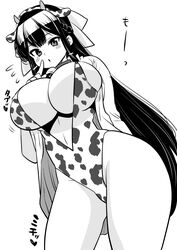  absurdres alternate_costume animal_ears animal_print bell blush braid breasts commentary_request cow_ears cow_girl cow_horns cow_print cowbell curvy female flying_sweatdrops goreijo_takashima_kiyono_wa_hisoka_ni_tashinamu greyscale hair_ribbon heart highres horns large_breasts long_hair looking_at_viewer monochrome open_mouth perepere-kun ribbon sweat swimsuit takashima_kiyono thick_thighs thighs tied_hair tight_clothes 