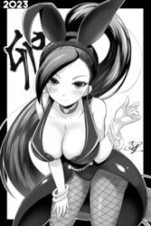  2023 animal_ears breasts cleavage collarbone dragon_quest dragon_quest_xi fake_animal_ears female fishnet_pantyhose fishnets greyscale hand_on_own_thigh highres large_breasts leaning_forward leotard light_smile long_hair looking_at_viewer martina_(dq11) monochrome nengajou new_year pantyhose playboy_bunny ponytail solo very_long_hair yuki_mizore 