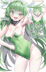  :d absurdres arms_up black_souls breasts bright_pupils collar contrapposto cowboy_shot english_commentary english_text female green_eyes green_hair green_leotard hand_on_own_hip heart highres leaf_(black_souls) leotard long_hair looking_at_viewer metal_collar multiple_views oerba_yun_fang open_mouth pointing pointing_at_viewer simple_background small_breasts smile star-shaped_pupils star_(symbol) strapless strapless_leotard symbol-shaped_pupils wellski white_background white_pupils 