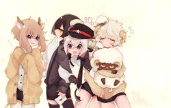  4boys animal_ears arm_grab black_eyes black_hair black_headwear black_legwear black_necktie black_shirt black_shorts blonde_hair blunt_bangs brown_cardigan brown_hair brown_sweater buttons cardigan closed_eyes collared_shirt cow_boy cow_boy_(tsubaki_tsubaru) cow_ears cow_horns cow_tail crying crying_with_eyes_open curly_hair deer_boy deer_boy_(tsubaki_tsubaru) deer_ears eating finger_cots flying_sweatdrops goat_boy goat_boy_(tsubaki_tsubara) goat_tail hair_between_eyes hat hitsuzi-kun holding holding_stuffed_toy horizontal_pupils horns long_sleeves love_letter multiple_boys necktie original paper sheep sheep_boy sheep_ears sheep_horns shirt short_hair short_hair_with_long_locks shorts signature sleepy sleeves_past_wrists smile star_(symbol) stuffed_animal stuffed_sheep stuffed_toy suspender_shorts suspenders sweater tail tears thighhighs tsubaki_tsubaru white_hair white_legwear white_shirt yellow_background yellow_eyes 