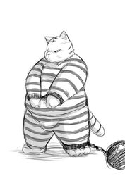  2014 anthro belly bottomwear chiro_(artist) clothing felid kemono male mammal monochrome overweight overweight_anthro overweight_male pantherine pants shirt simple_background solo tiger topwear white_background 