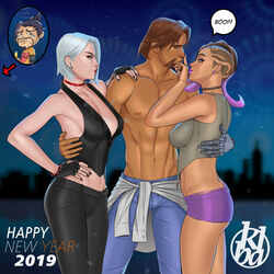  2019 2boys 2girls abs absurdres arm_around_waist arm_tattoo ashe_(overwatch) ass beard black_choker black_gloves black_nails black_pants blue_pants bracelet breasts bulge butt_crack cassidy_(overwatch) chibi chibi_inset choker cleavage clothes_around_waist commentary crop_top dark-skinned_female dark_skin denim earrings english_commentary eye_contact eyeshadow facial_hair finger_to_another&#039;s_nose finger_to_own_nose fingerless_gloves flirting girl_sandwich gloves grey_hair hair_over_one_eye hand_on_own_hip hanzo_(overwatch) happy_new_year highleg highleg_panties highres jealous jeans jewelry joints kbal large_breasts leather leather_pants lips lipstick looking_at_another makeup manly mechanical_arms medium_breasts midriff mixed-language_commentary mole mole_above_mouth mole_under_eye multiple_boys multiple_girls nail_polish new_year night no_bra nose overwatch overwatch_1 pale_skin panties pants pectorals photoshop_(medium) plunging_neckline purple_hair purple_lips purple_shorts red_choker red_lips ribbon_choker ring robot_joints sandwiched shirt shirt_around_waist short_hair short_shorts shorts sideboob single_mechanical_arm skull_earrings skull_ring sleeveless sombra_(overwatch) spanish_commentary spiked_bracelet spikes straight stubble stud_earrings tan tattoo undercut underwear whale_tail_(clothing) 