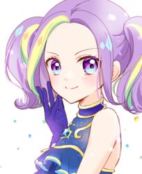  aikatsu!_(series) aikatsu_planet! blonde_hair blouse blue_eyes blue_gloves blue_hair blue_shirt blush close-up commentary_request female forehead from_side gem gem_(symbol) glitter gloves green_hair hair_intakes hand_on_own_cheek hand_on_own_face hand_up idol idol_clothes looking_at_viewer looking_to_the_side multicolored_eyes multicolored_hair orange_hair parted_bangs purple_eyes purple_hair ruli_(aikatsu_planet!) shirt sidelocks simple_background sleeveless sleeveless_shirt smile smug solo streaked_hair tamaki_ruli tiramisu651 twintails upper_body white_background 