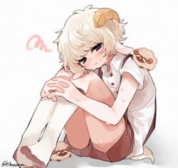  1boy animal_ears black_eyes blonde_hair blush collared_shirt hitsuzi-kun horns interlocked_fingers legs_together original own_hands_together sheep sheep_boy sheep_ears sheep_horns sheep_tail shirt shorts signature socks suspender_shorts suspenders sweat tail tsubaki_tsubaru white_legwear white_shirt 