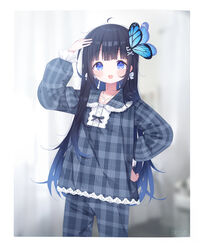  :o ahoge aoi_nabi arm_up black_hair blue_eyes blurry blurry_background blush butterfly_hair_ornament collarbone collared_shirt commentary depth_of_field deyui female frilled_sleeves frills grey_pajamas grey_pants grey_shirt hair_ornament hairclip hand_on_own_hip highres indie_virtual_youtuber long_hair long_sleeves open_mouth pajamas pants plaid plaid_pajamas plaid_pants plaid_shirt puffy_long_sleeves puffy_sleeves shirt signature solo standing teeth upper_teeth_only very_long_hair virtual_youtuber x_hair_ornament 