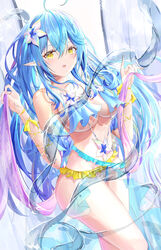  absurdres ahoge bikini blue_hair blush breasts cleavage commentary_request female flower hair_between_eyes hair_flower hair_ornament highres holding_shawl hololive long_hair looking_at_viewer medium_breasts multicolored_hair open_mouth pointy_ears shawl sidelocks solo streaked_hair swimsuit tonasegaill virtual_youtuber yellow_eyes yukihana_lamy 