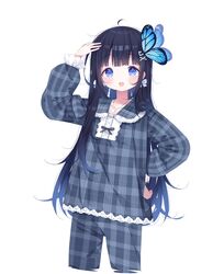  :o ahoge aoi_nabi arm_up black_hair blue_eyes blush butterfly_hair_ornament collarbone collared_shirt commentary_request cropped_legs deyui female frilled_sleeves frills grey_pajamas grey_pants grey_shirt hair_ornament hairclip hand_on_own_hip highres indie_virtual_youtuber long_hair long_sleeves open_mouth pajamas pants plaid plaid_pajamas plaid_pants plaid_shirt puffy_long_sleeves puffy_sleeves shirt simple_background solo standing teeth upper_teeth_only very_long_hair virtual_youtuber white_background x_hair_ornament 