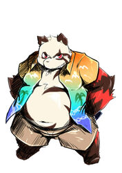  2014 anthro bear black_body black_fur bottomwear chiro_(artist) clothed clothing fanfan fur giant_panda kemono male mammal open_clothing open_shirt open_topwear overweight overweight_anthro overweight_male red_body red_fur shirt shorts simple_background solo topwear white_background white_body white_fur 