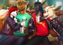  2019 5_fingers anthro anubian_jackal beverage canid canine canis clothing container cup deadman_joe_velasquez digital_media_(artwork) domestic_dog fingers fur group hair holding_container holding_cup holding_object jackal kammi-lu mammal natasha_(deadman_joe) open_mouth red_body red_fur red_hair red_nose simple_background suid suina sweater teeth tongue topwear vincent_costello warthog white_background white_body white_fur winter 