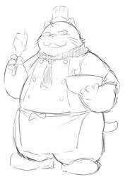  2014 anthro apron bottomwear chef_hat chiro_(artist) clothing felid feline hat headgear headwear kemono male mammal monochrome overweight overweight_anthro overweight_male pants shirt simple_background solo topwear white_background 