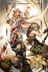  1boy 2girls alice_jing armor artist_name blonde_hair blue_eyes blush bow breasts commentary_request copyright_name dress elf full_armor gloves goblin goblin_slayer goblin_slayer! green_eyes green_hair hair_between_eyes hairbow hat helmet high_elf_archer_(goblin_slayer!) highres holding long_hair long_sleeves looking_at_viewer multiple_girls open_mouth photoshop_(medium) plume pointy_ears priestess_(goblin_slayer!) shield shorts sidelocks small_breasts smile sword thighhighs visor_(armor) weapon 