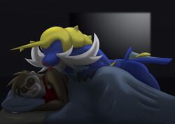  alex.fetter ambiguous_gender bed closed_eyes duo female furniture generation_5_pokemon licking night nintendo pillow pokemon pokemon_(species) samurott sleeping tongue tongue_out 