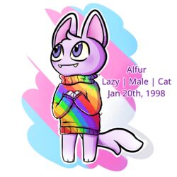  1:1 alfur_the_cat_(demon_ascended) alpha_channel andromorph_(lore) animal_crossing anthro blush clothed clothing demon_ascended_(artist) digital_drawing_(artwork) digital_media_(artwork) domestic_cat felid feline felis fur lazy_personaity lgbt_pride male mammal multicolored_clothing multicolored_sweater multicolored_topwear nintendo pride_color_background pride_color_clothing pride_colors purple_body purple_fur rainbow_clothing rainbow_pride_clothing rainbow_pride_colors rainbow_sweater rainbow_symbol rainbow_topwear simple_background six-stripe_rainbow_pride_colors smile solo sweater topwear transgender_pride_colors 