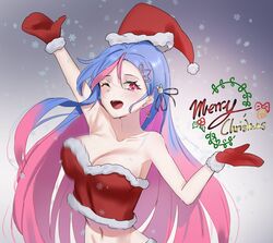  ;d arm_up armpits bandeau bare_arms bare_shoulders bing_hayu breasts cleavage collarbone crop_top earrings female fur_trim gloves godoaru gradient_hair hair_ornament hairclip hand_up hat highres jewelry korean_commentary large_breasts long_hair looking_at_viewer luvdia merry_christmas midriff motion_blur multicolored_hair navel one_eye_closed open_mouth pink_eyes pink_hair purple_hair red_gloves red_hat santa_hat smile solo stomach strapless tube_top two-tone_hair upper_body very_long_hair virtual_youtuber 