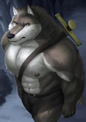  2019 abs anthony_caligula anthro baldric belt biceps big_muscles brown_body brown_fur canid canine canis clothed clothing fenrirwolfen forest fur hi_res male mammal melee_weapon multicolored_body multicolored_fur muscular muscular_anthro muscular_male nipples plant sheathed_weapon solo sword topless topless_male tree two_tone_body two_tone_fur weapon white_body white_fur wolf zilch1998 