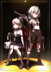  2girls arm_garter azur_lane bare_shoulders black_dress black_footwear black_gloves black_socks blonde_hair boots breasts bridal_garter champagne_flute closed_mouth collared_shirt commentary_request cross-laced_footwear cup dress drinking_glass evening_gown full_body fur-trimmed_jacket fur_trim gloves grey_hair gun hair_between_eyes half_gloves halterneck high-waist_shorts high_heel_boots high_heels highres holding holding_gun holding_weapon jacket jewelry knees_together_feet_apart legs_apart looking_at_viewer mary_janes medium_breasts multiple_girls necklace necktie official_alternate_costume open_mouth purple_eyes red_necktie shirt shoes short_hair shorts sidelocks sitting sleeveless sleeveless_dress sleeveless_shirt small_breasts smile socks spotlight standing striped_clothes striped_socks suspender_shorts suspenders table takatun223 thighhighs vertical-striped_clothes vertical-striped_socks weapon white_gloves white_shirt white_thighhighs z1_leberecht_maass_(&quot;rebellious&quot;_top_student)_(azur_lane) z1_leberecht_maass_(azur_lane) z23_(azur_lane) z23_(the_banquet&#039;s_honor_student)_(azur_lane) 