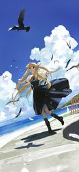  air_(visual_novel) beach bird black_footwear black_legwear blonde_hair blue_eyes blue_sky boots bow cloud commentary_request cumulonimbus_cloud day dress feathers female hairbow highres kamio_misuzu kitou_sakeru kneehighs long_hair ocean open_mouth outdoors ponytail short_sleeves sidelocks sky socks solo standing summer water white_bow 