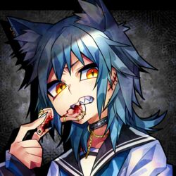  animal_ear_fluff animal_ears black_collar black_sailor_collar blood blue_hair blue_nails blue_neckerchief cannibalism collar ear_piercing earrings female fingernails full_body grey_background hand_up holding jewelry long_sleeves looking_at_viewer medium_hair mouth_hold neckerchief original piercing sailor_collar school_uniform senmu_(0107) serafuku severed_ear severed_limb sharp_fingernails sharp_teeth shirt sleeves_past_wrists solo stitches studded_collar teeth white_shirt yellow_eyes 