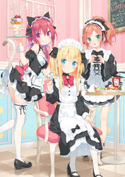  3girls :d ahoge animal_ears apron ass black_bow black_bowtie black_dress black_footwear blonde_hair blue_eyes blush bow bowtie breasts brown_hair cat_ears cat_tail chair closed_mouth dot_nose dress fake_animal_ears fake_tail foot_out_of_frame frilled_dress frilled_legwear frills green_eyes hair_between_eyes hair_ribbon hazuki_watora high_ponytail highres holding holding_plate indoors kani_biimu licking_lips long_hair looking_at_viewer low_twintails maid maid_apron maid_headdress minazuki_sarami multicolored_clothes multicolored_dress multiple_girls on_chair open_mouth original pantyhose pink_bow pink_bowtie plate ponytail purple_eyes purple_ribbon red_hair ribbon ringlets shimotsuki_potofu sidelocks sitting small_breasts smile standing standing_on_one_leg striped table tail thighhighs tongue tongue_out twintails two_side_up white_dress white_pantyhose white_thighhighs 