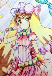  :o blonde_hair candy candy_lapin_(show_by_rock!!) colored_pencil_(medium) female food graphite_(medium) heart highres lollipop looking_at_viewer painting_(medium) pose show_by_rock!! solo traditional_media twintails watercolor_(medium) yuru_mame 